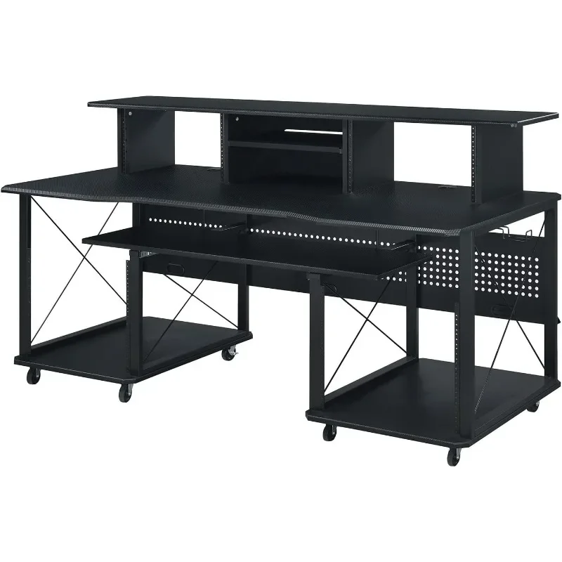Furniture Metal and Wooden Music Desk with Wheels, Black Minimalist