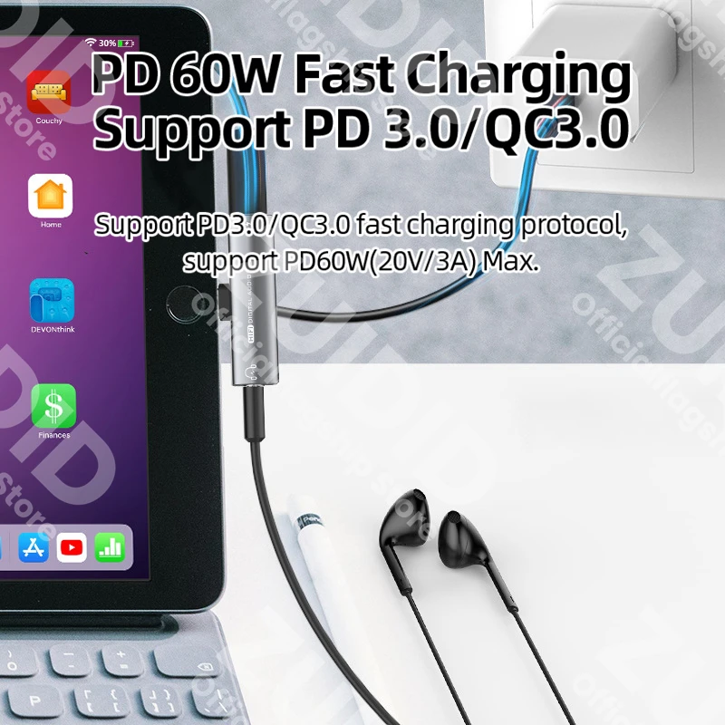 고속 충전 헤드폰 오디오 Aux 컨버터 디지털 디코더, USB C타입-USB C, 3.5mm DAC 이어폰 어댑터, PD60W, 2 인 1, 16 비트, 48kHz
