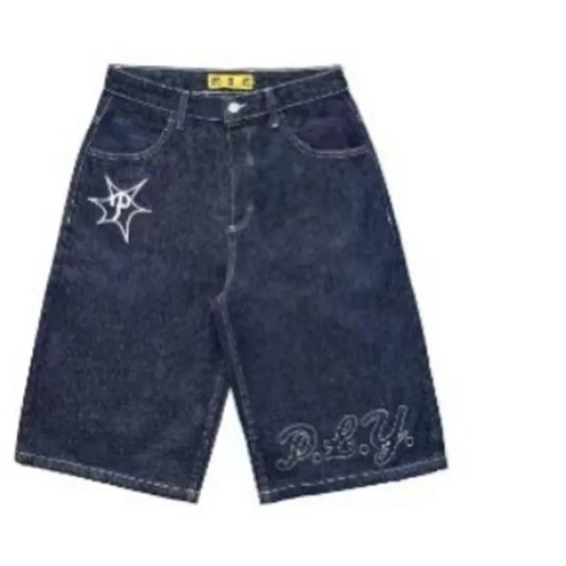 Summer street hip-hop fashion Y2k printed denim shorts casual men's loose straight leg pants