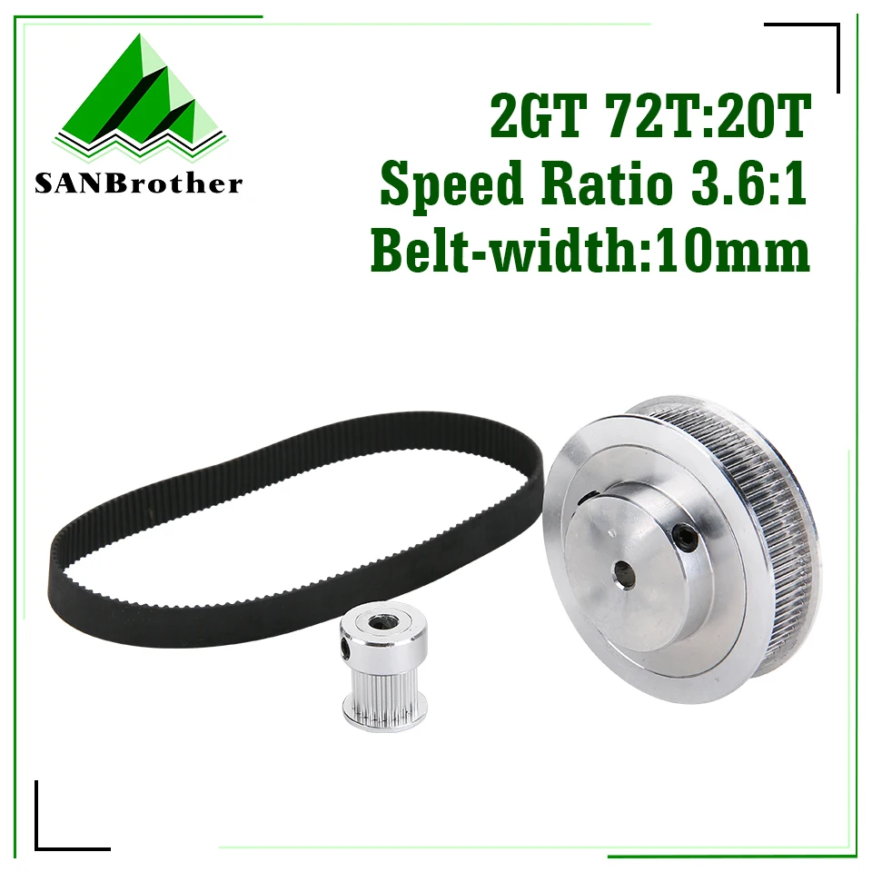 2GT 20Teeth 72Teeth Synchronous Timing Pulley bore 5-14mm Set 20T:72T 1:3.6 Speed Ratio for 2GT Belt width 10mm Kit