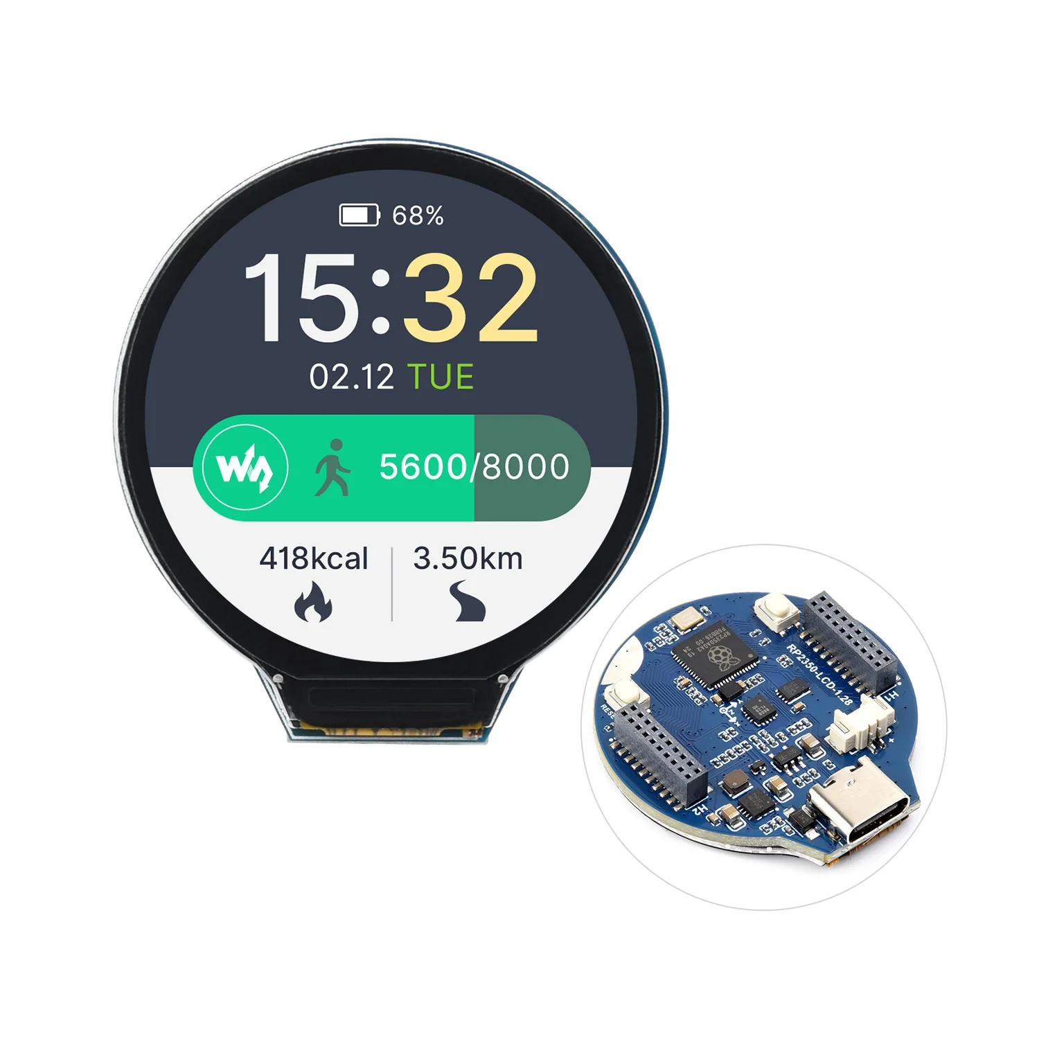 Waveshare RP2350 MCU Board, With 1.28inch Round LCD, Dual-core & Dual-architecture 240&times;240 Pixels, 65K Color, IPS Panel