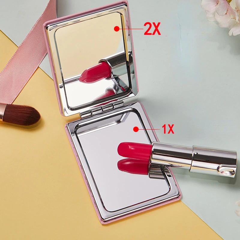 Mini PU Makeup Mirror Magnify Foldable Double Pocket Small Makeup Mirror Travel Beauty Cosmetic Tool