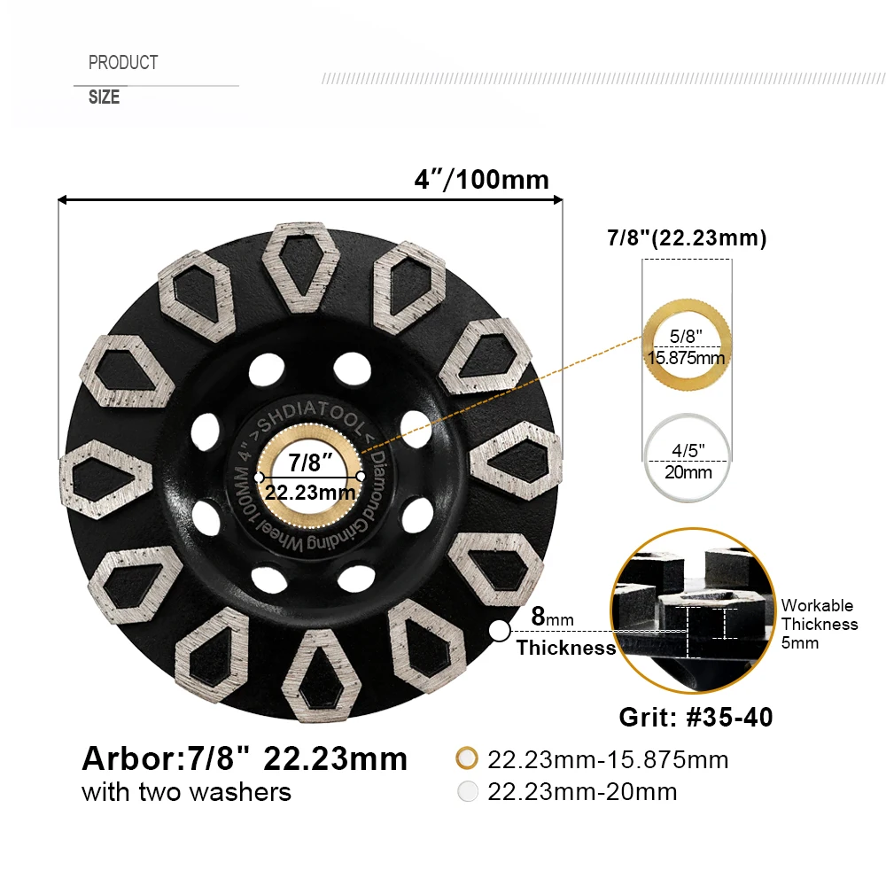 SHDIATOOL 2pcs Diamond Rhombus Shaped Abrasive Grinding Disc Cup Sanding Wheel Turbo Durable 4" Concrete Masonry Granite Stone