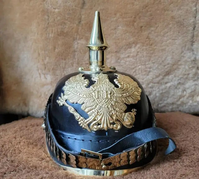 German Prussian Pickelhaube Helmet Replica - Brass Spike, Leather, Collectible