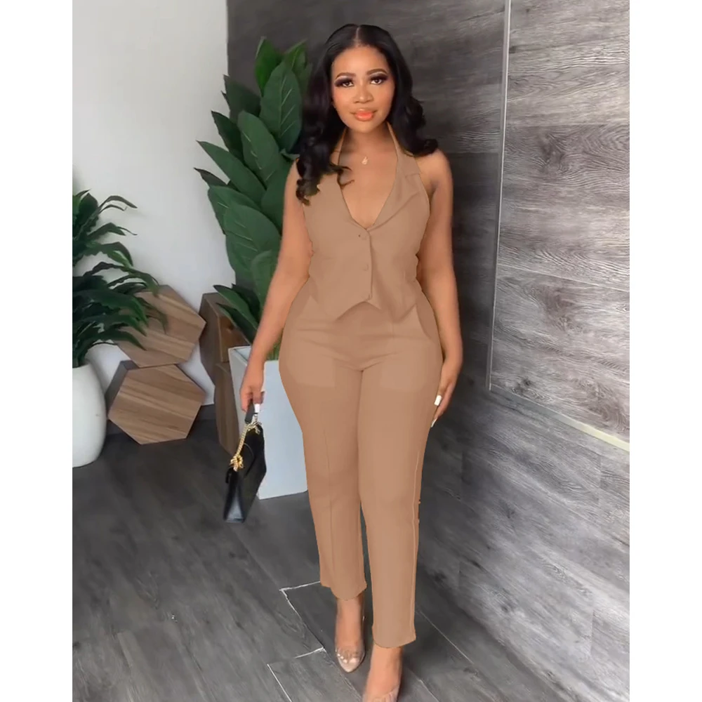 

Women's Summer 2023 Solid Color Casual Sleeveless V-Neck Halter Top and Trousers Two Piece Set Office Fashion Elegant Clothes