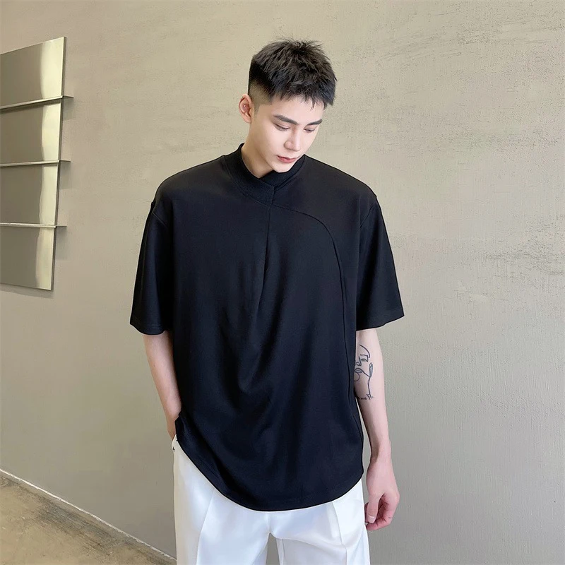 Summer Harajuku New Round Neck Short Sleeve Men Oversized Clothes Plain Fashion Tops Bright Line Decoration Patchwork Streetwear