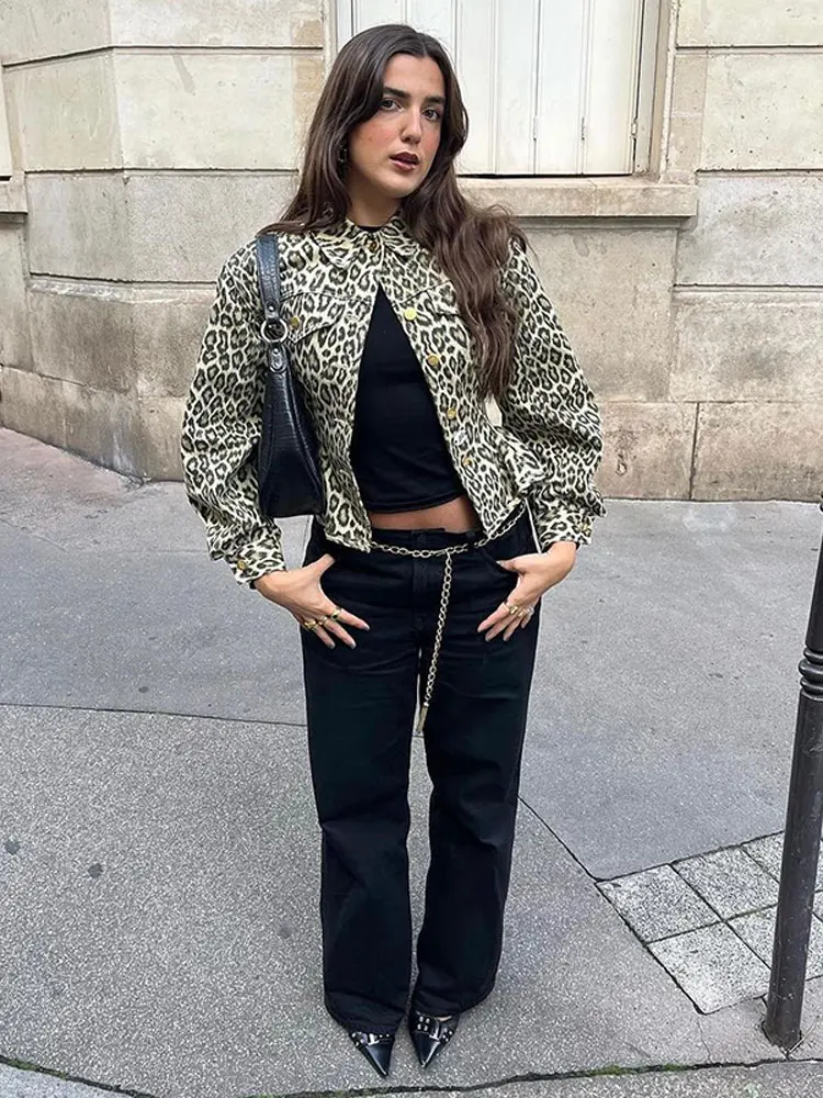 

Винтажная Весенняя тонкая женская леопардовая куртка 2024 Повседневная однобортная укороченная куртка с лацканами элегантная женская уличная верхняя одежда