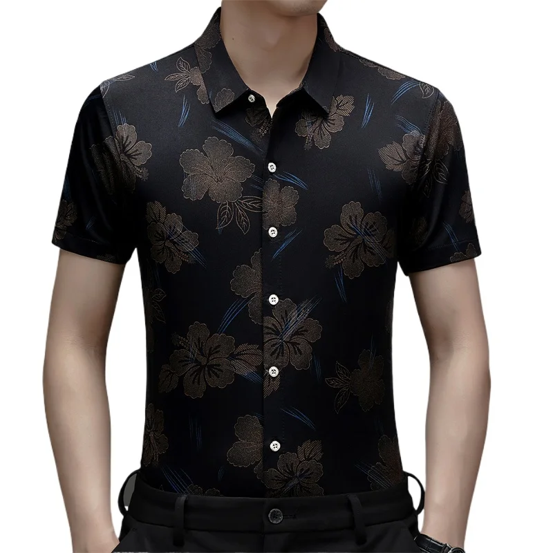 

Рубашка мужская приталенная с цветочным принтом, модная сорочка из вискозы, с короткими рукавами, деловой стиль, повседневная мягкая, с лацканами, лето