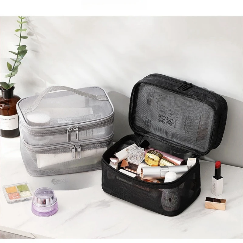 Travel Mesh Wash Storage Bag Makeup Organizer Cosmetics Make Up Skincare Box Plastic Container Handbag For Women Men Bathroom 4