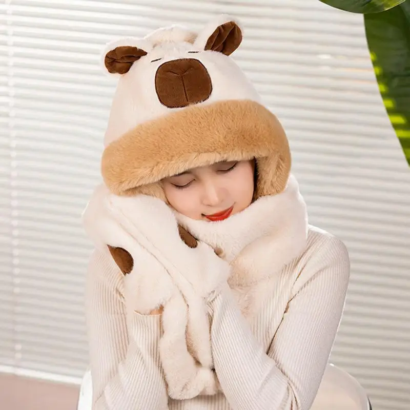 Hooded Scarf With Mittens Capybara Winter Scarf Hoodie Warm Hoodie Hat Gloves Set Soft Plush Thick Hat For Men Women