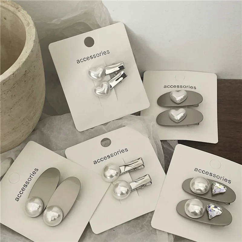 

New Metal Barrettes Geometric Matte Silver Color Pearl Crystal Hair Clips Hairpins Ins Girls Women Accessories Side Pins