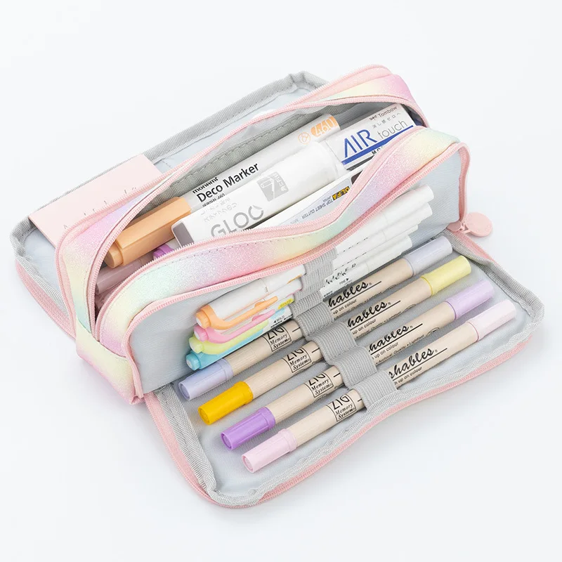 Kawaii Rainbow Pencil Case for Girls School Pencilcase Large Capacity Stationery Organizer Pen Box Three Zipper Pouch Office Bag