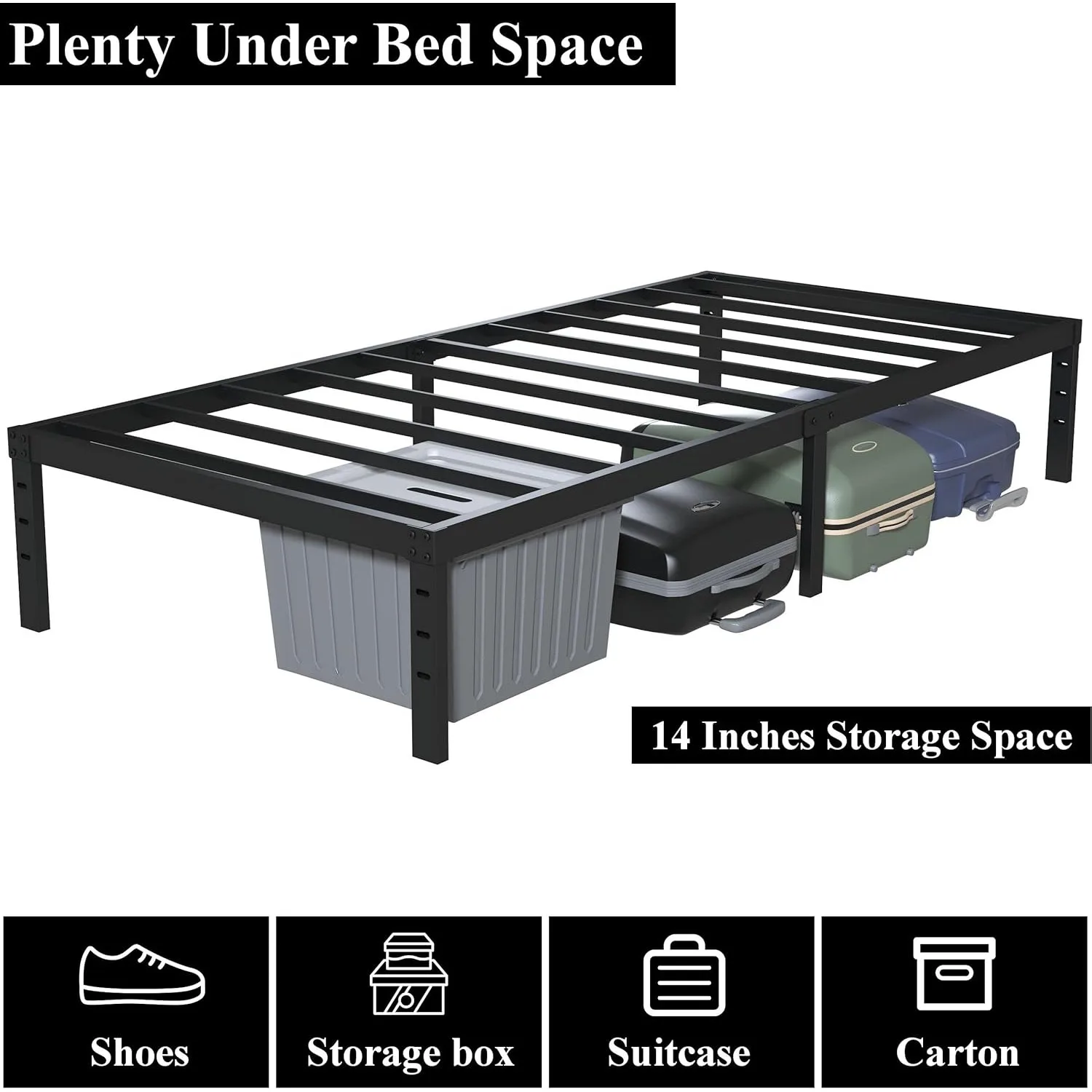 16 inch twin bed frame without box spring, metal platform, with 14 inch storage space, 2500 pound steel bar support, black 6