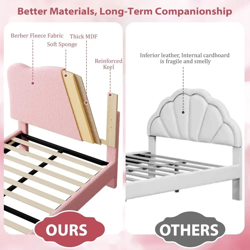 Upholstered Twin Size Bed Frame for Kids with Scallop Headboard, Cute Velvet Twin Bed for Girls, Boys, Sturdy Platform Bed 6