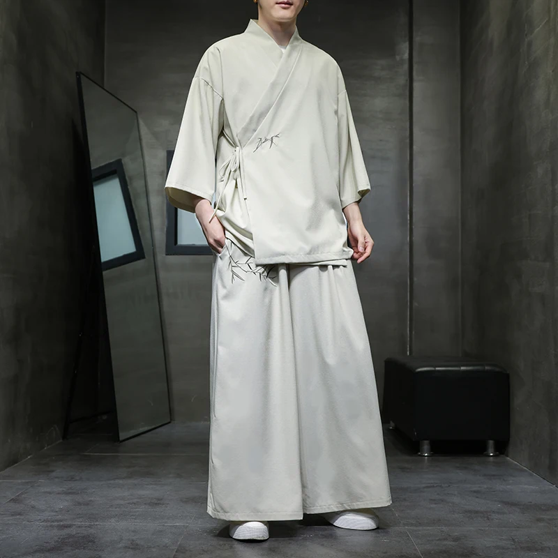 Mens Sets 3/4 Sleeved Cardigan Wide Leg Pants Male Suit 2 Pieces Japanese Style Plus Size M-5XL