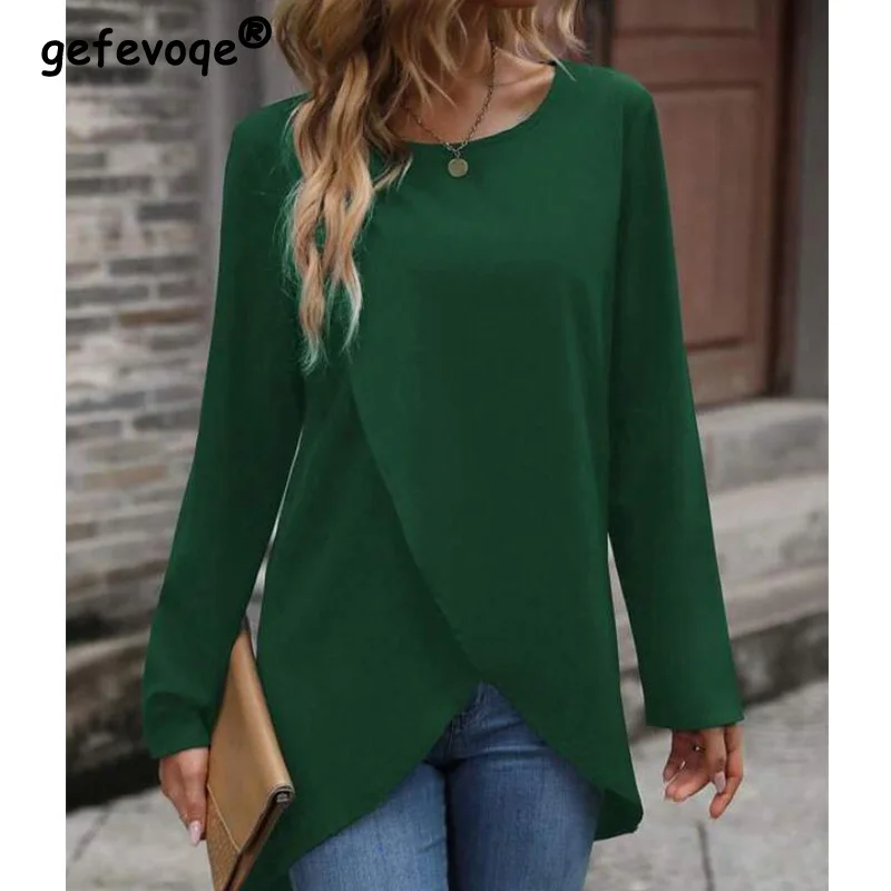 

Casual Women's Irregular Pullover Tops 2023 Autumn Clothes Round Neck Polychrome Slim Fit Long Sleeve Middle Length T-shirt