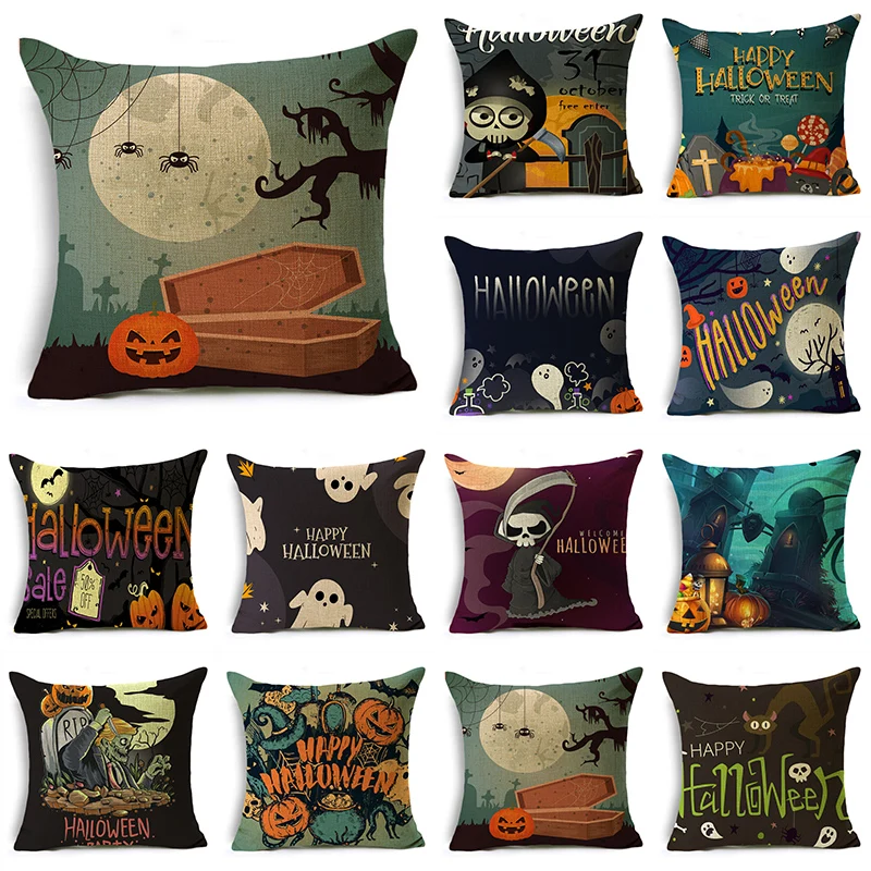 

Happy Halloween Funny Ghost Zombie Grim Reaper Printed Linen Throw Pillowcase Decorative Cushion Cover For Sofa Livingroom Party