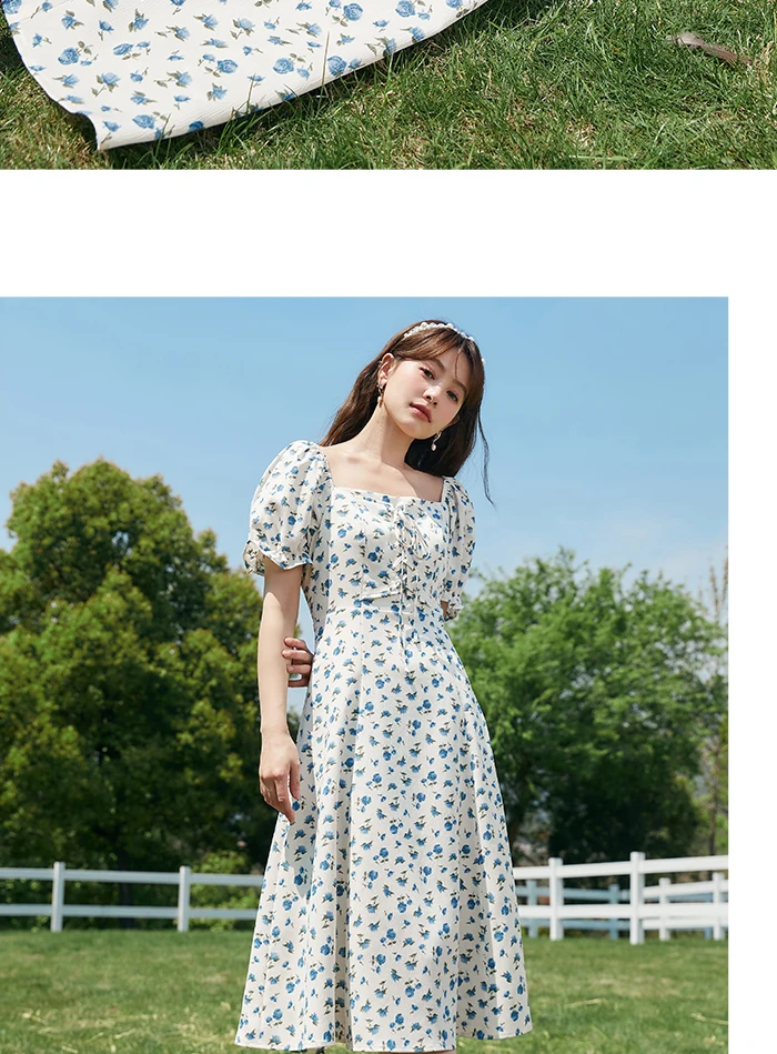 Dress Women Texture Chiffon Floral Romantic Temperament Square Neck Tea Break Dress