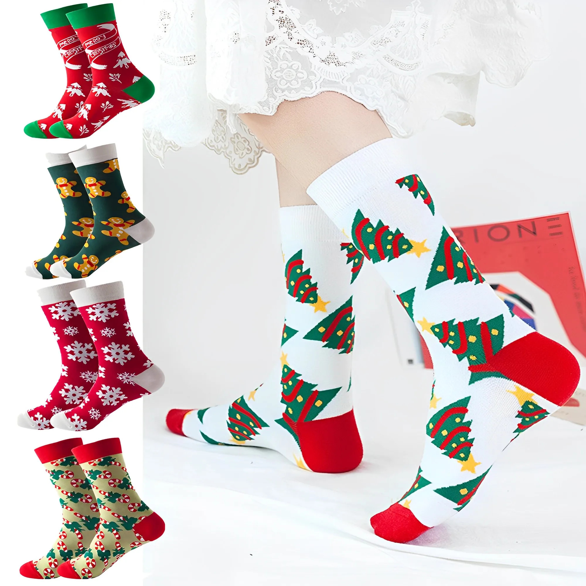 

Creative Christmas Socks Colorful Fun Xmas Tree Snowflake Gingerbread Candy Cane Cotton Tube Printed Socks Unisex Christmas Gift