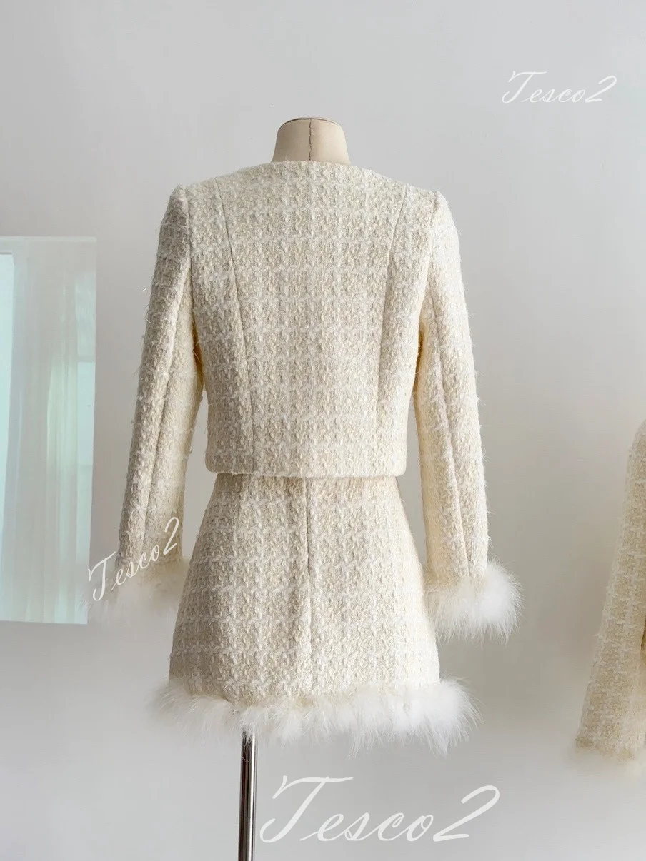 Tesco White Women Skirt Sets Short Blazer And Skirt With Feather Chic Tweed Women Suit Sets For Party For Women 2024 Spring