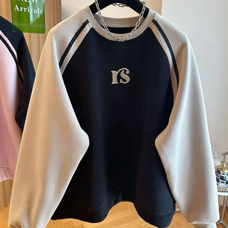 

Autumn and Winter Women's Contrast Color O-Neck Long Sleeves Loose Pullovers Plus Size Cotton Liner Korea Fashion Casual Tops