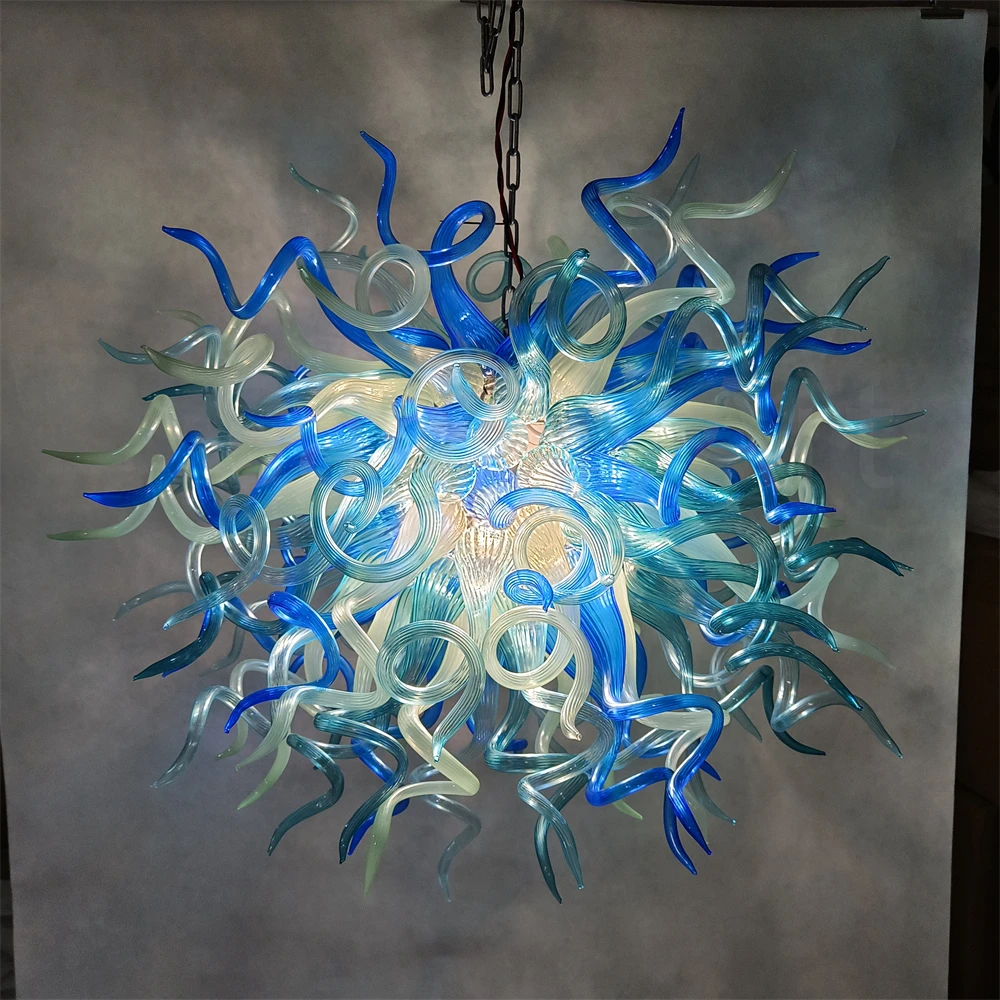 

Round hand made blown glass blue chandelier home hotel decoration lighting