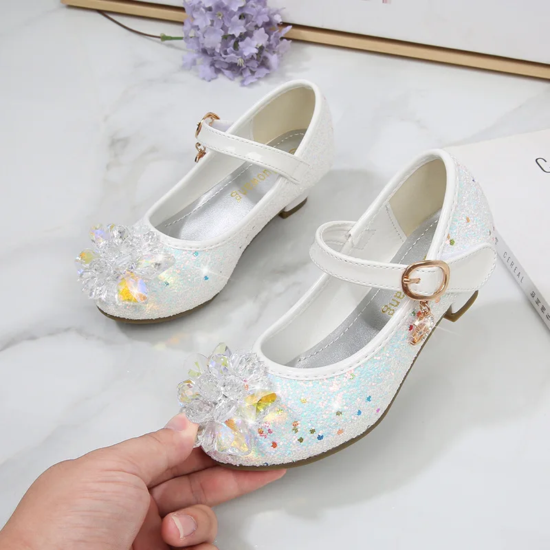 Dívčí  high-heeled boty kid's narozeniny kněžna fialový boty 2023 děti nový vysoký podpatky bota dětské po jednom broušené sklo boty