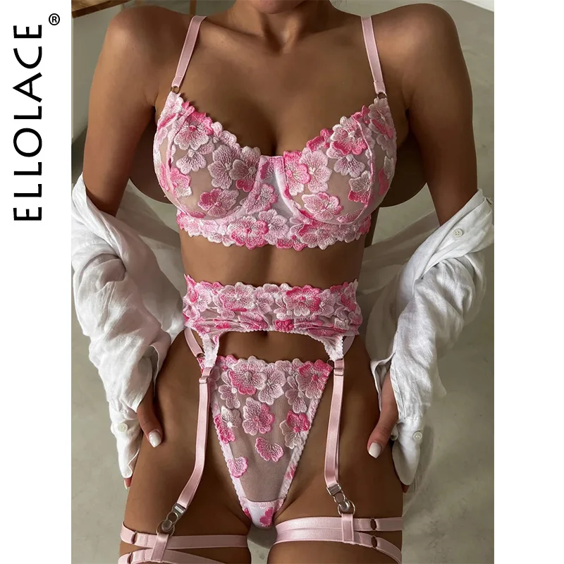 

Ellolace Floral Lingerie Delicate Underwear Fancy Luxury Lace Fine Intimate Kits Sexy Bra And Panty Set Sissy Sheer Outfit