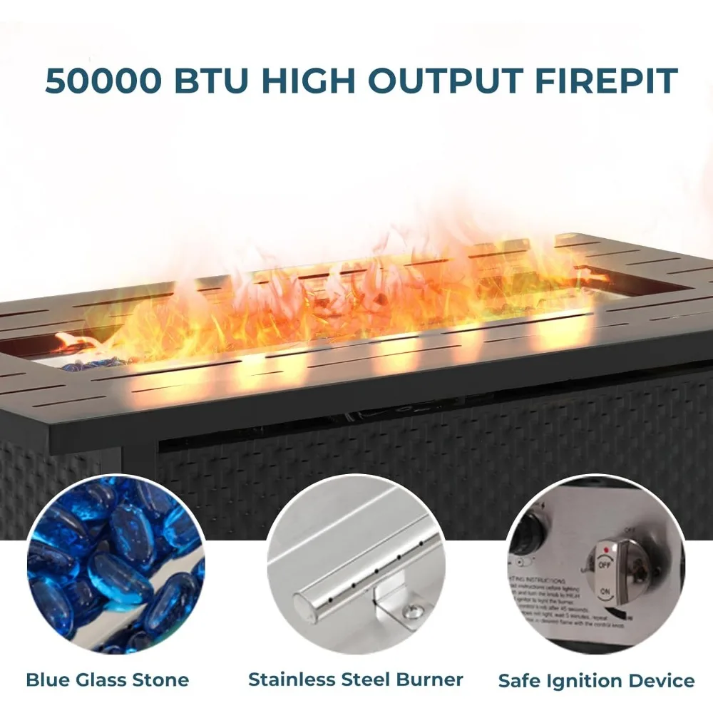 Propane Fire Pit Table 45 Inch 50,000 BTU Square Outdoor Gas Firepit with Steel Tabletop Glass Wind Guard Blue Glass