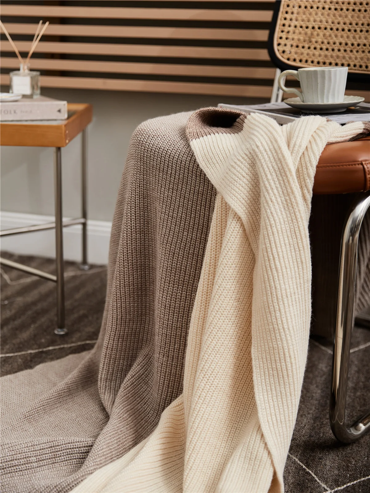 beige wool knitted blanket, yarn dyed fadeless throw blanket 