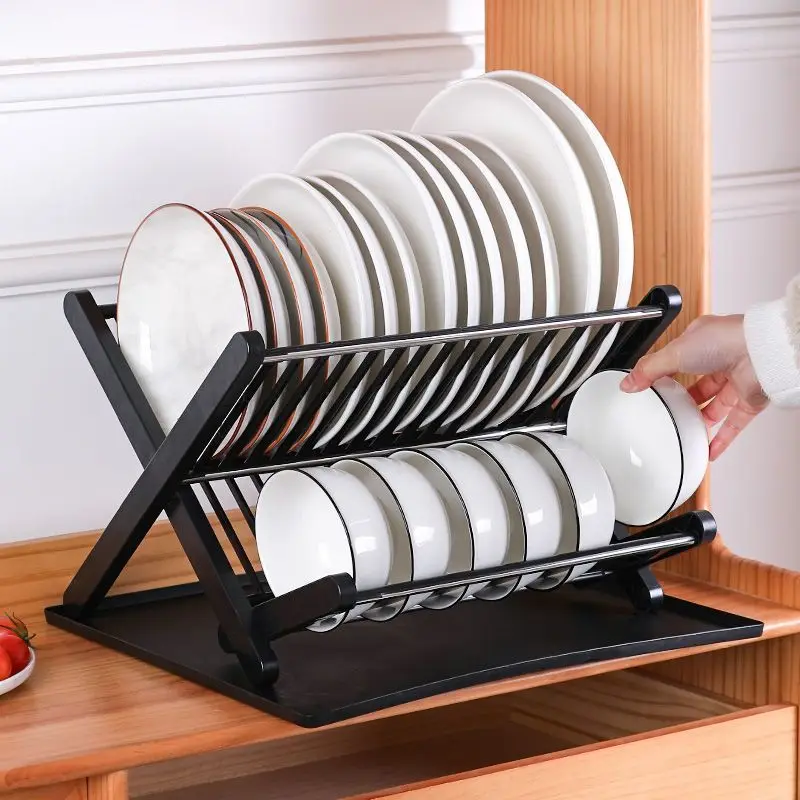 X Shaped Folding Plastic Dish Drying Rack 2 Tiers Plates Bowls Storage  Holder with Draining Tray Kitchen Countertop Organizer - AliExpress