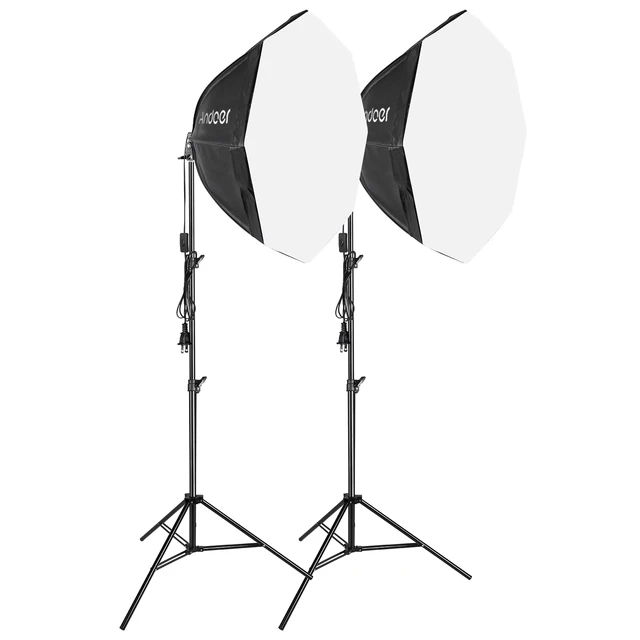 Andoer Studio Photography Softbox Kit with 70cm/28inch  Softbox * 2 + 2.1M Metal Tripod Stand * 2 for Live Streaming