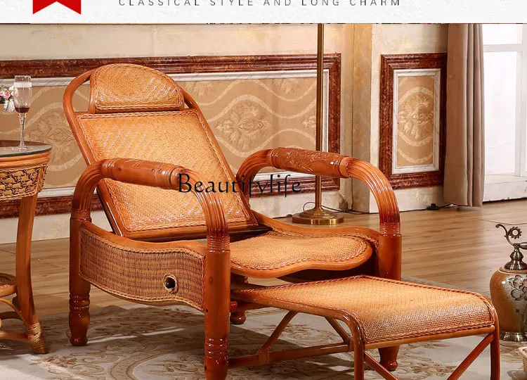 

Natural Real Wicker Lounger Multi-Functional Foldable Leisure Lunch Break Chair