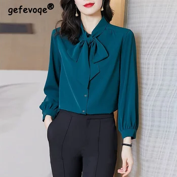 봄/가을 우아한 패션 오피스 레이디 버튼업 셔츠, 세련된 활, 단색, 루즈한 긴 소매 쉬폰 블라우스, 여성 상의, 여성 블라우스