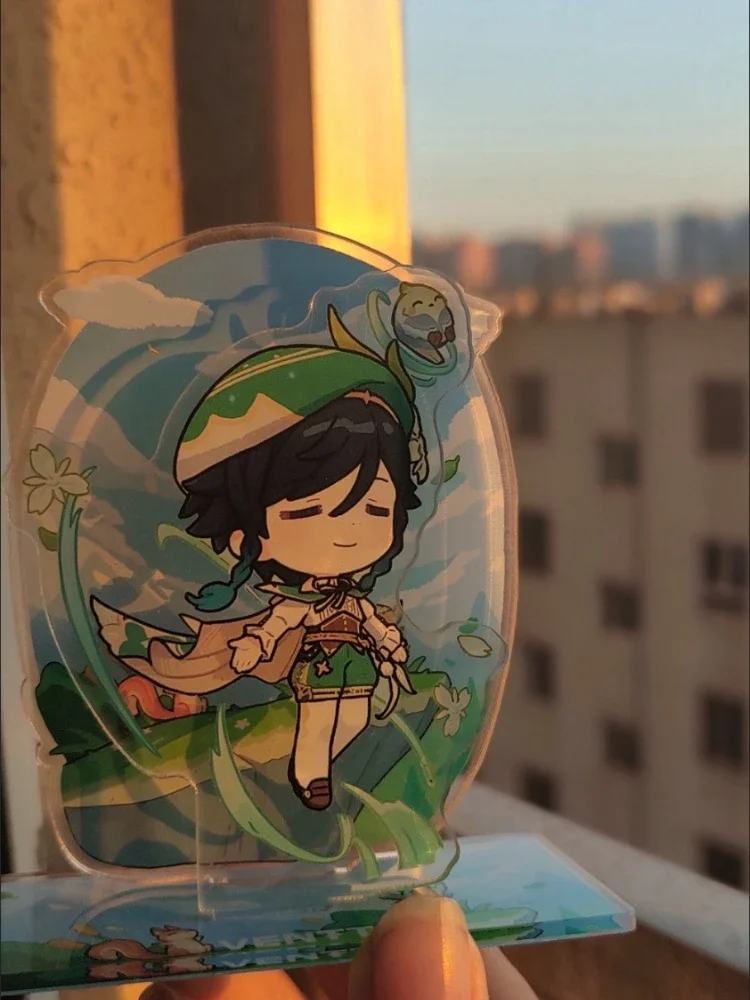 Genshin Impact Venti 이중 삽입 그림 아크릴 스탠딩 사인 스탠드 모델 데스크탑 장식 Decora 컬렉션 모델 장난감 선물