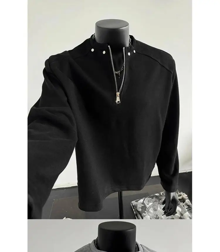 Men's Sweatshirt 2026 Spring Autumn Black Half Zip Shoulder Pad Sweatshirt Studded Regular Shoulder Edgy Cropped Sweater