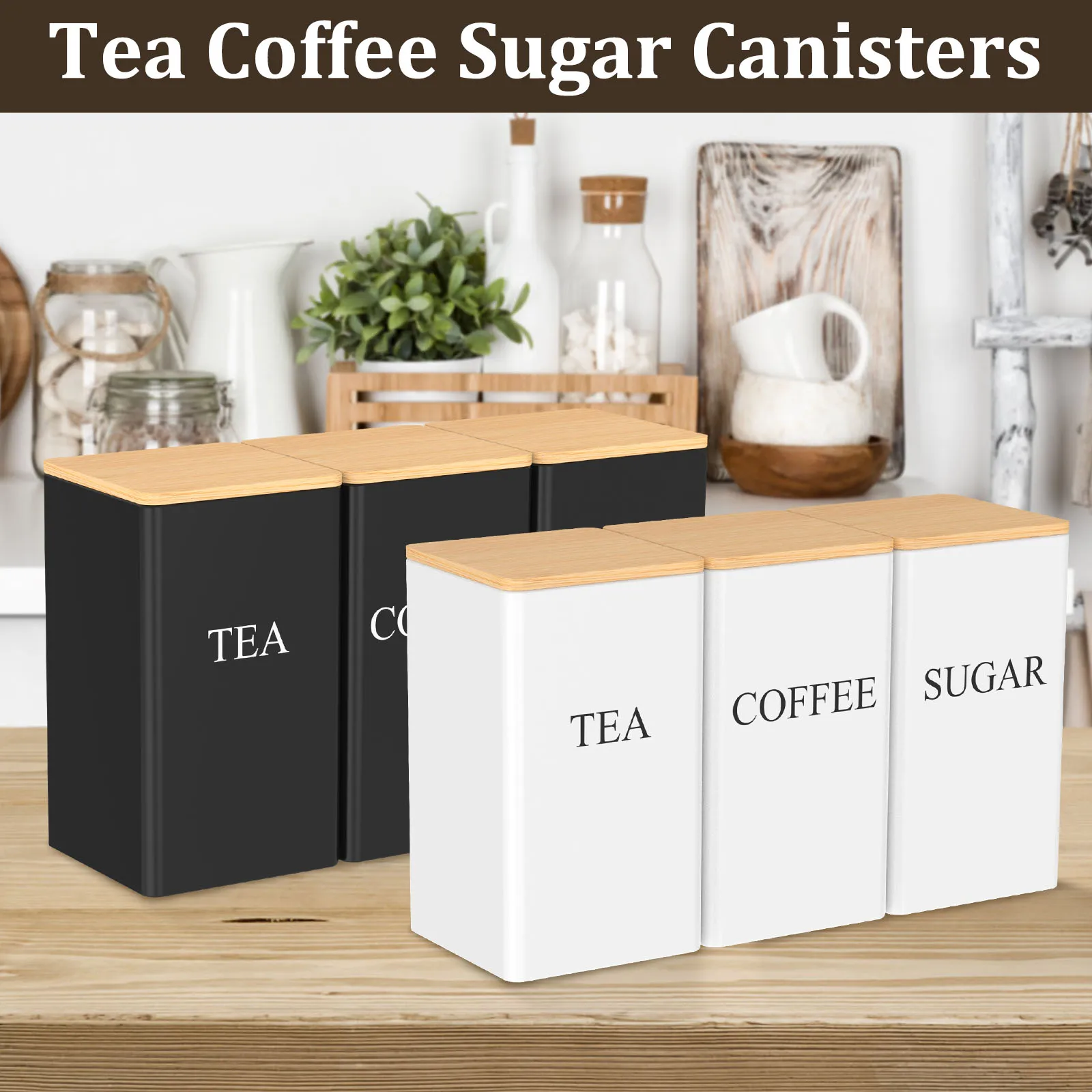 Coffee Storage Jars Set - 3Pcs Metal Containers with Bamboo Lids for Beans Sugar and Tea