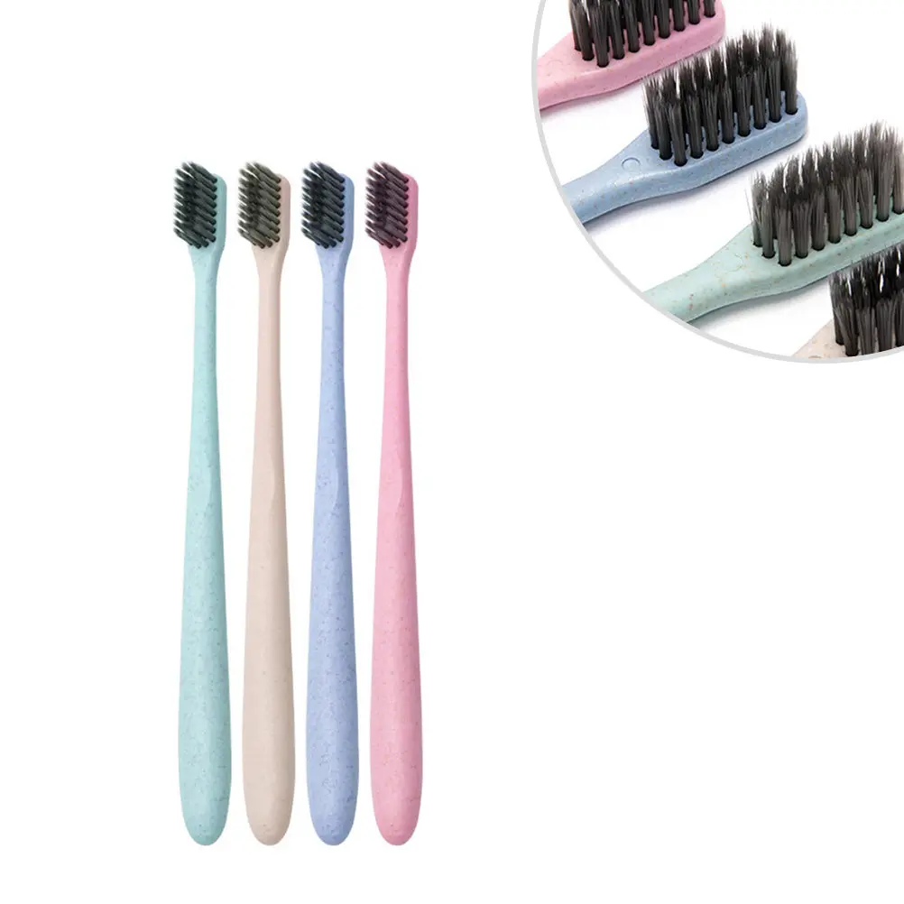 4Pcs 대나무 숯 칫솔 밀짚 생분해성 손잡이 부드러운 부드러운 강모 구강 관리 여행 필수 건강