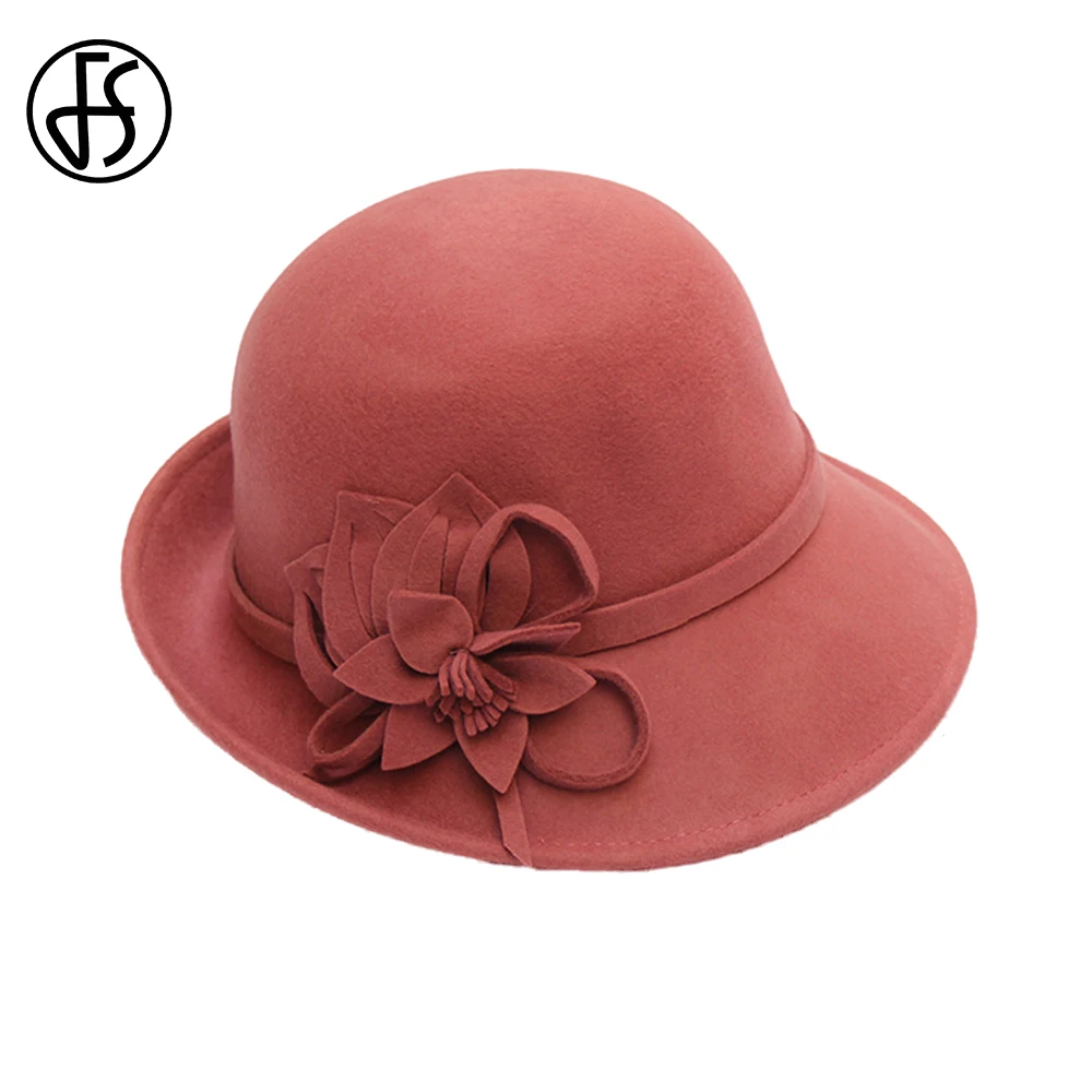 

FS 2024 Wool Felt Fedora Little Top Hats for Woman Elegant Flower Bucket Cap Lady Spring Fashion Female Wedding Woolen Millinery