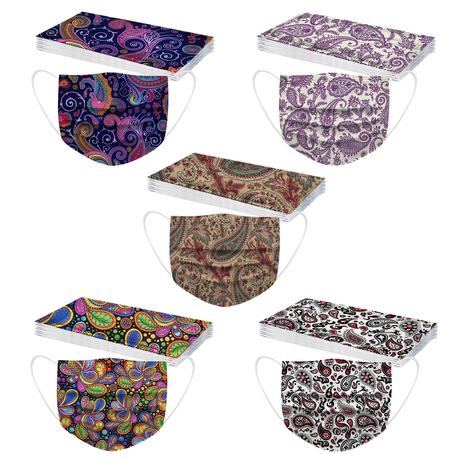 50PCS Adult's Mask Paisley Print Disposable Face Mask Industrial 3Ply Ear Loop