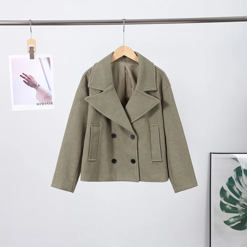 Elegant Women's Short Woolen Coats Loose Lapel Double Breasted Full Sleeve Female Jacket 2026 Autumn Lady Solid Warm Outwear 9 S6b7b540584634544ae6a1c99800a54f99