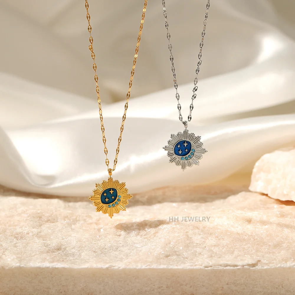 Stainless Steel Charm Necklace for Women Fashion 18K Gold Plated Pendant Chains Star Moon