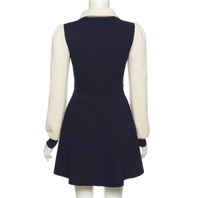 Autumn and Winter New Women Solid Slim High Waist Fashion Contrast Collar Long Sleeve Dress