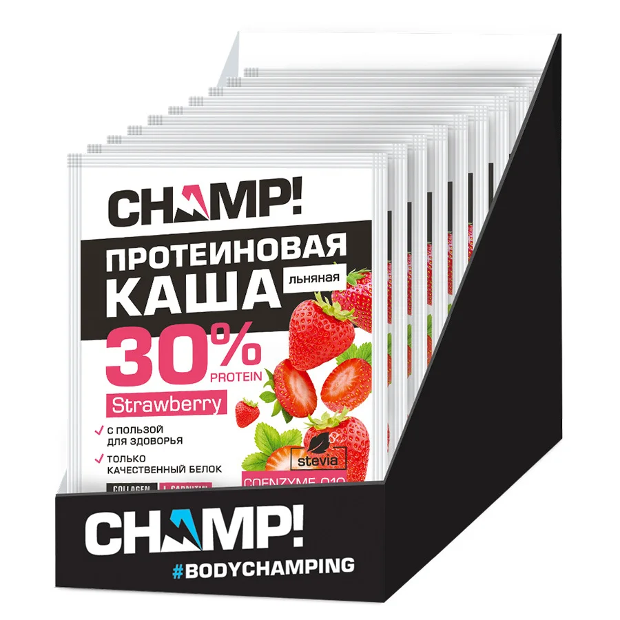 Каша протеиновая льняная ЛЕОВИТ | Champ &ampquotКлубничная с коэнзимом Q10&ampquot шоубокс 10