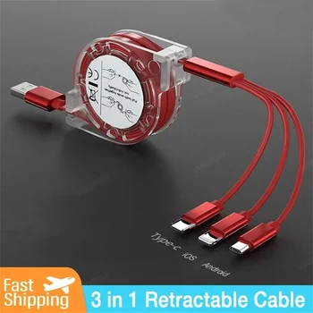 Cabo usb de dados retrátil 3 em 1, carregamento rápido para iphone tipo-c micro usb para android xiaomi huawei samsung cabo de carregador usb 1