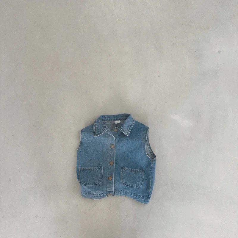 Newborn Baby Girl Boy Denim Jacket Infant Toddler Child Sleeveless Turn-down Collar Coat Solid Color Vest Baby Clothes 9M-7Y