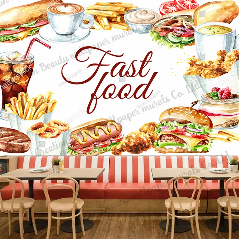 

Custom Hand-painted Burger Coke Wallpaper Fast Food Restaurant Snack Bar Background Wall Decor Mural Contact Paper Papel Tapiz