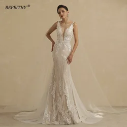 BEPEITHY Mermaid V Neck Wedding Dresses For Women 2022 Bride Sleeveless Glittler Champange Sexy Open Back Boho Bridal Gown New