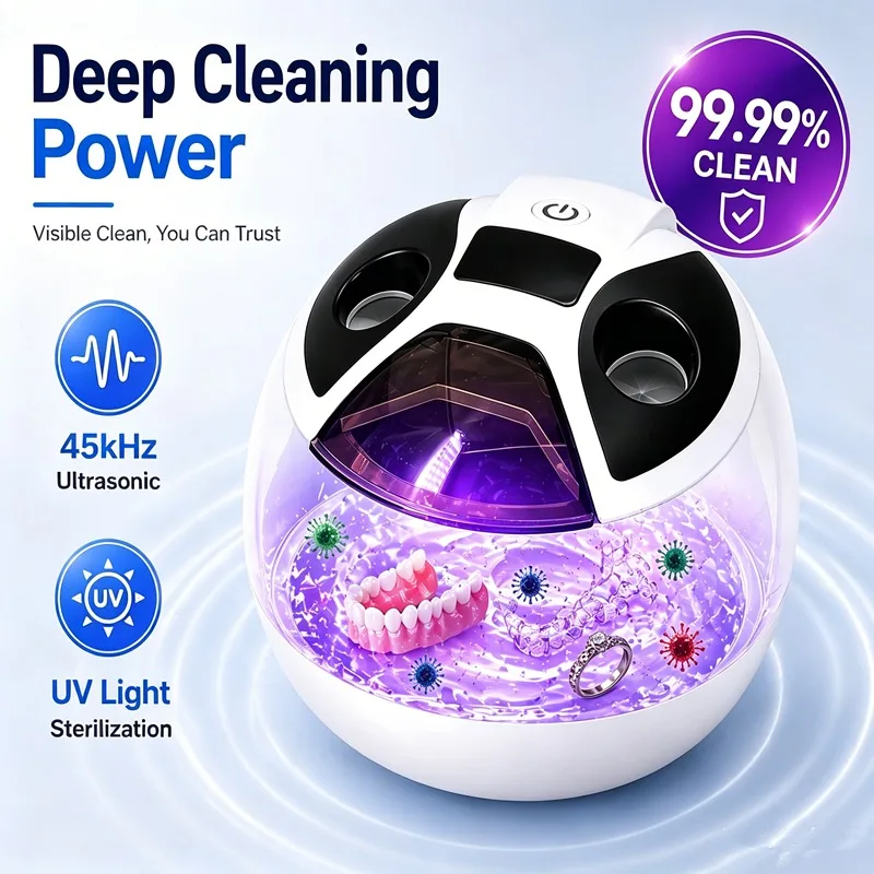 Dental Cleaning Pod 45kHz Ultrasonic Retainer UV Cleaner Machine Digital Timer 2 Modes 200ML Capacity for Dentures Mouth Guards 1