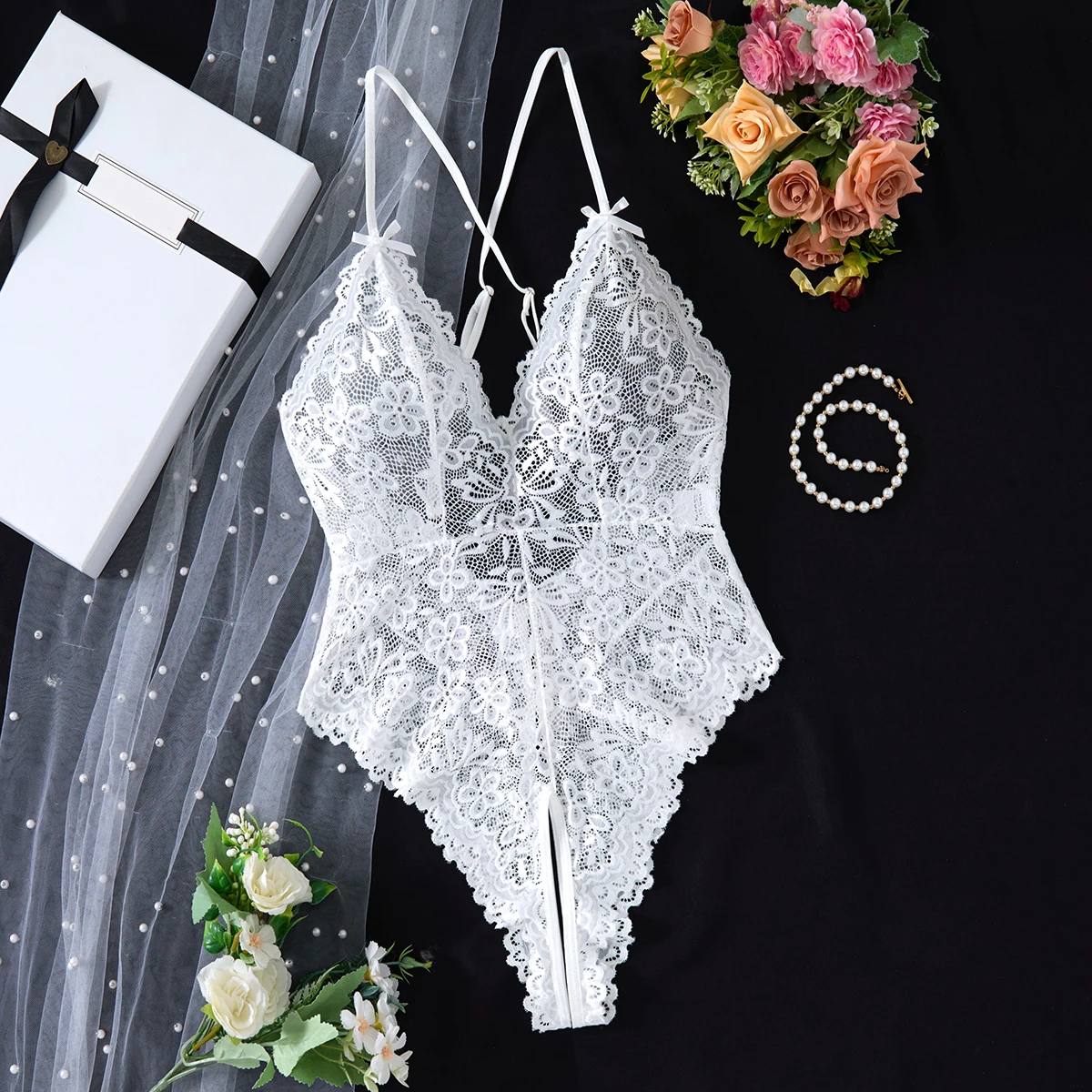White embroidered lace falafan dress set - Sexy lingerie for women - Sexy bra set with strap design on the back  21077